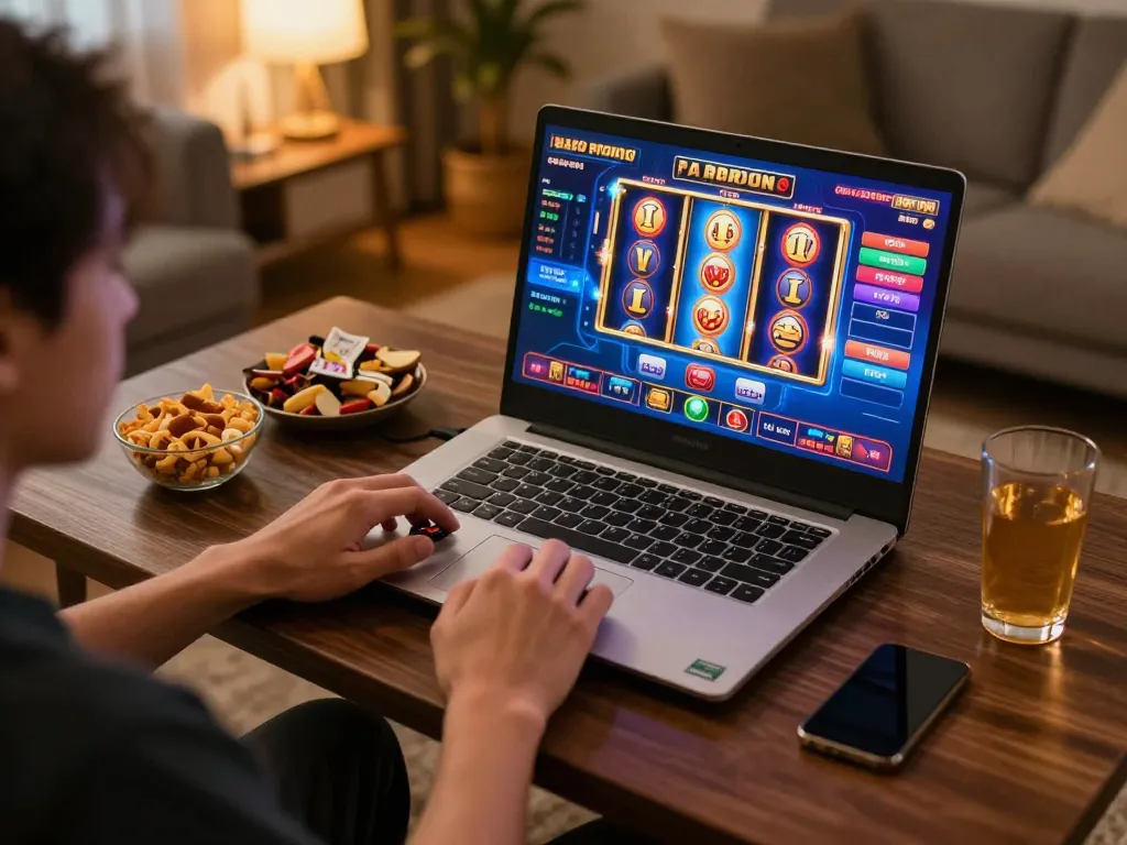 Cổng game Vin88 player enjoying an online casino session on a cozy laptop setup with vibrant game graphics.