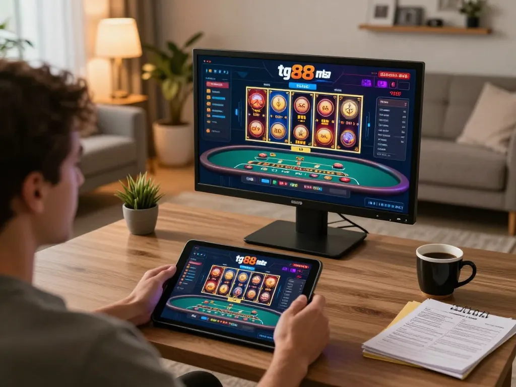 Engaging tg88 mba gaming session on a tablet in a cozy home environment, showcasing slot games and live dealer options.