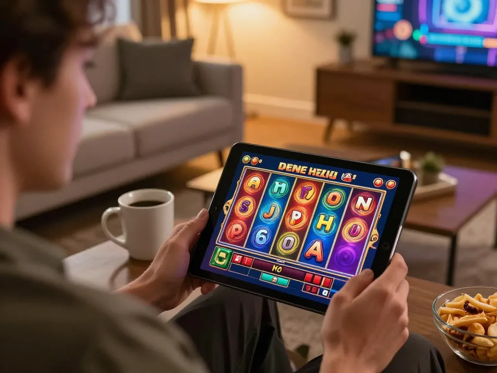 Engaging in nổ hũ online gaming on a tablet at home, showcasing a vibrant casino atmosphere