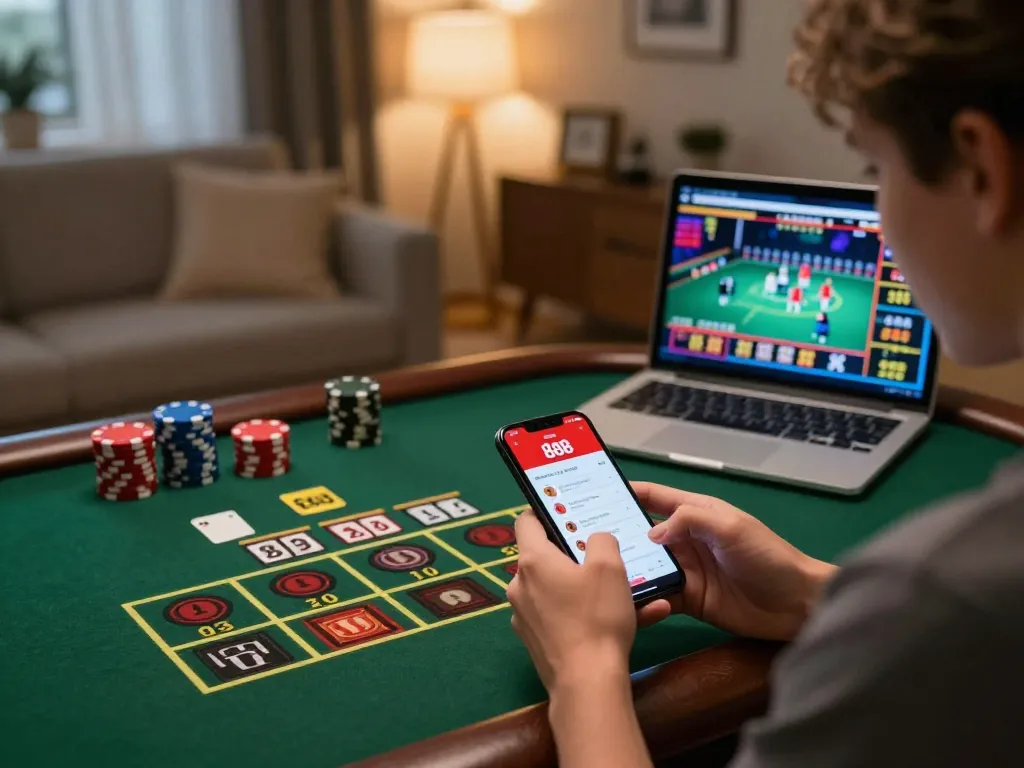 Engaging with the red88 app for online casino gameplay in a cozy home setting.