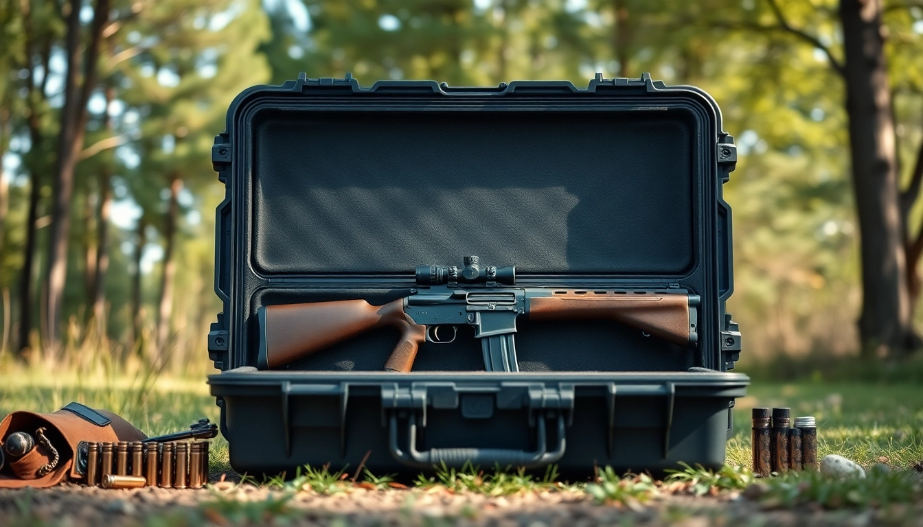 Shop for a Pelican gun case for sale, showcasing high-quality rifles and outdoor gear in a vibrant setting.