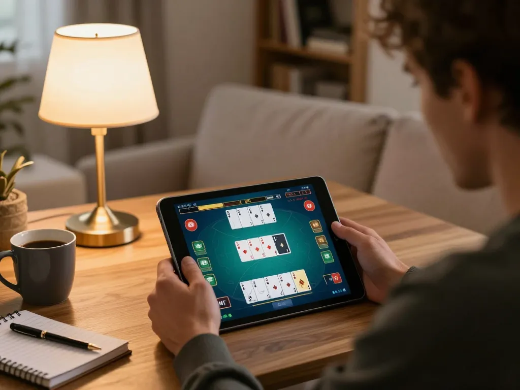Engaging online casino player enjoying link qq88 on a cozy tablet setup, focused on poker gameplay.