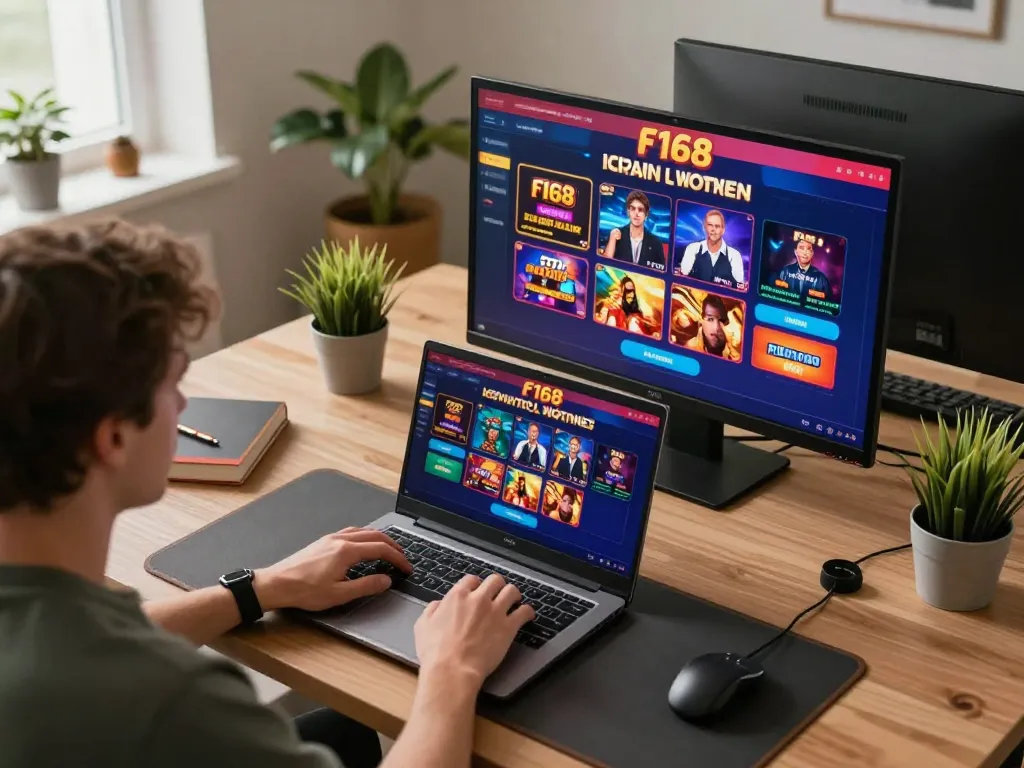 Engaging with f168 online casino gameplay showcasing vibrant interface on laptop screen