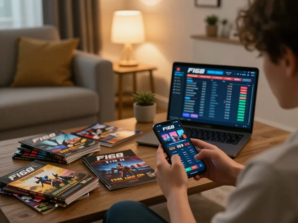 Player interacting with the F168 app in a cozy home setting, demonstrating engaging online gambling.