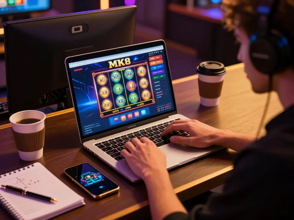 Engaging online gambling with mk8 casino interface on laptop, showcasing responsible gaming.