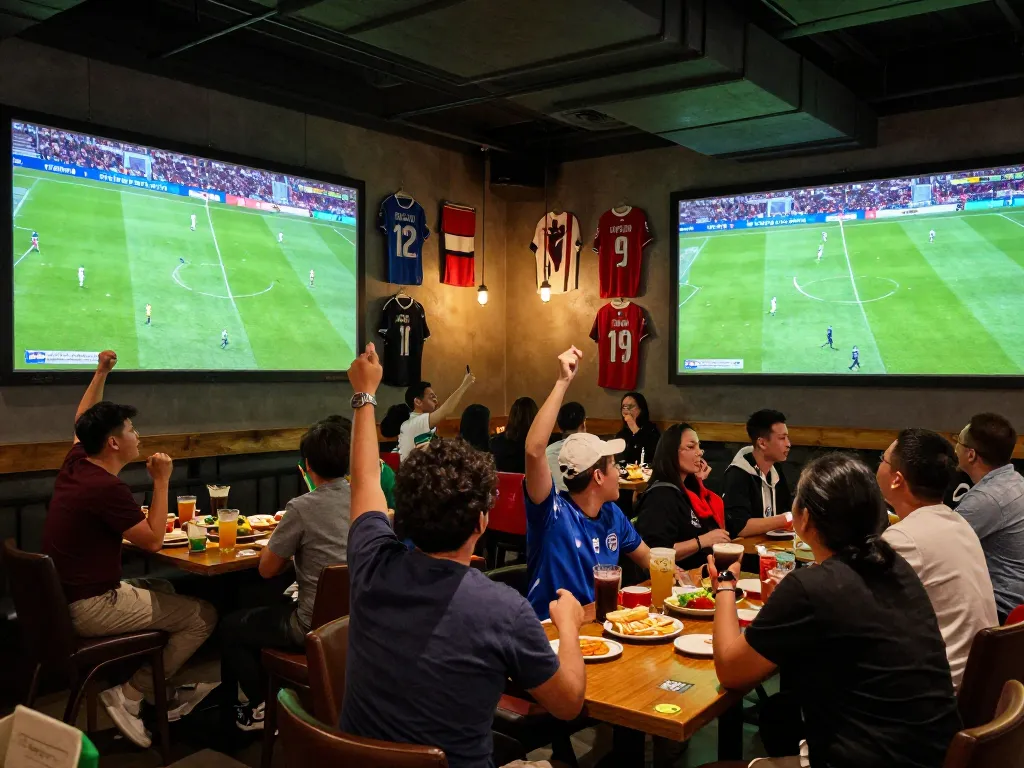Fans excitedly watching xem trực tiếp bóng đá in a vibrant sports bar, capturing the thrill of live matches with drinks on tables.