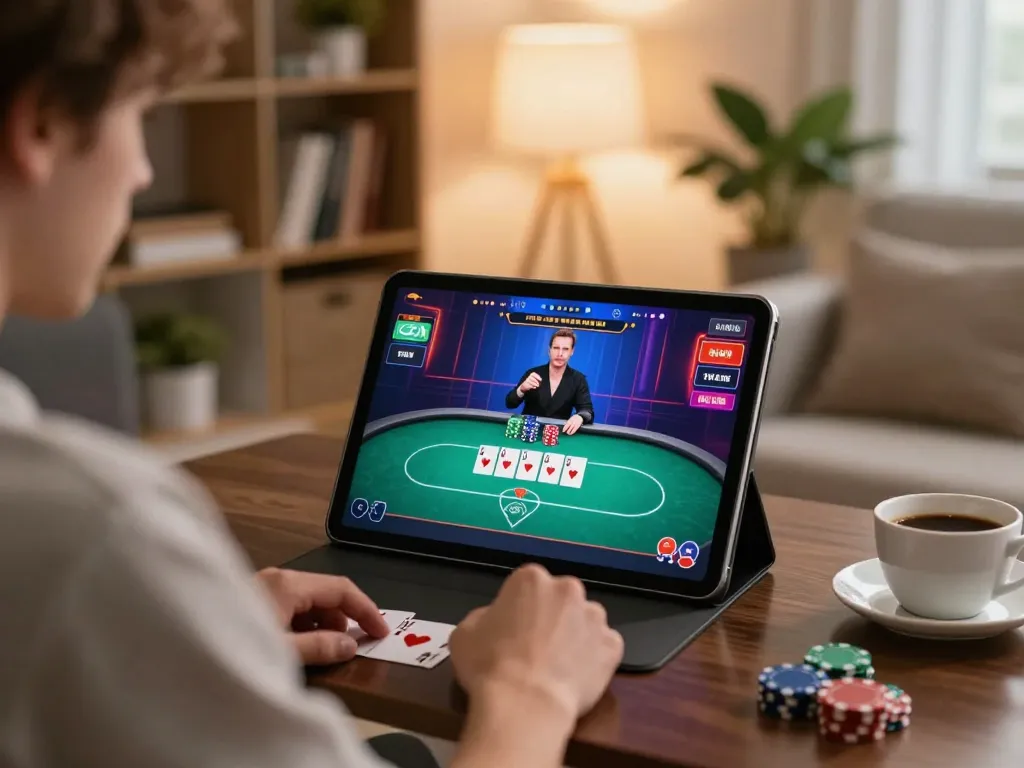 Engage in online poker gameplay at bj88bj on a stylish tablet in a cozy living room