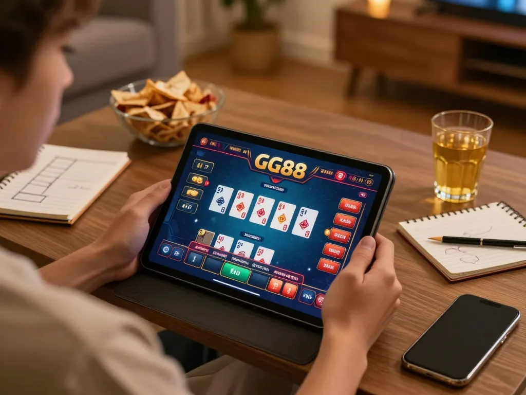 Engaging with GG88 online casino on a tablet during a cozy home gaming session.