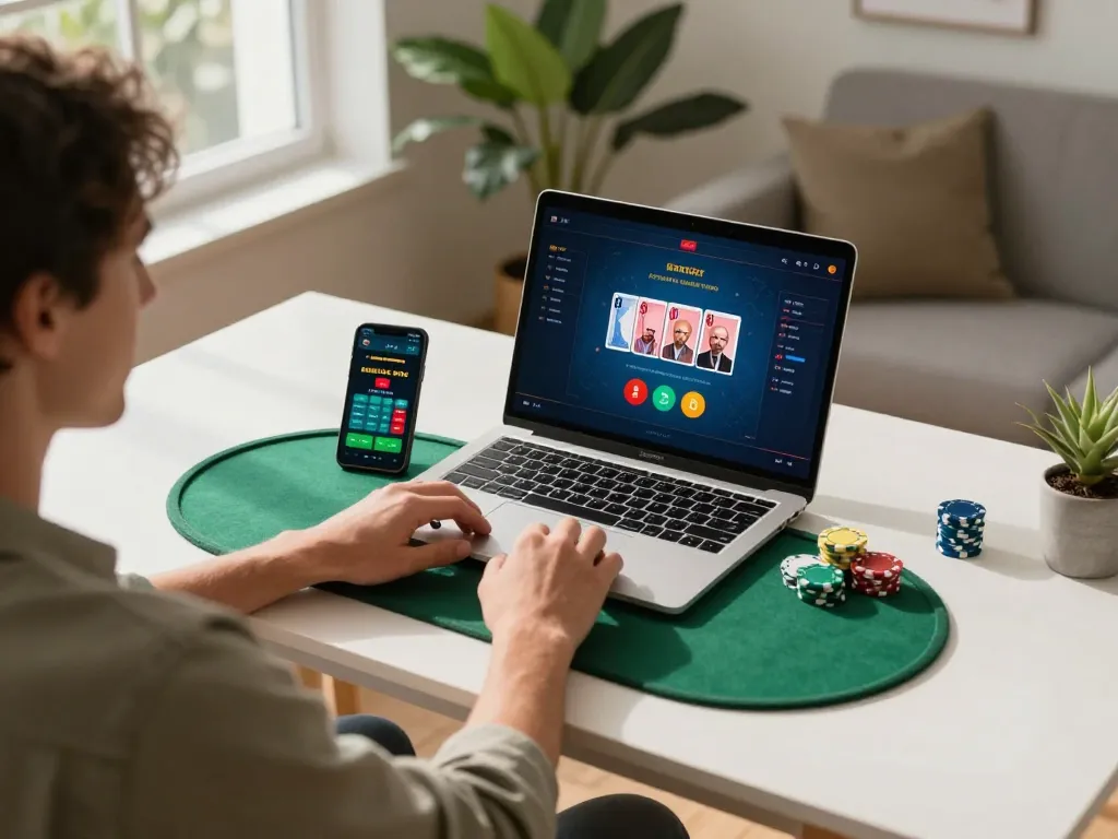 Cổng game Vin88 online gaming setup with a player engaged in strategic poker gameplay.
