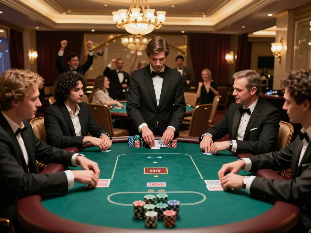 F168 poker game with players in formal attire engaged in high-stakes betting action