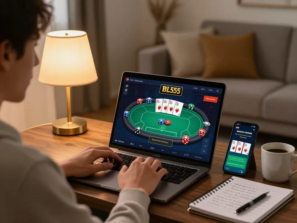 Engaging player enjoying online poker at BL555 with chips displayed on screen in a cozy setting