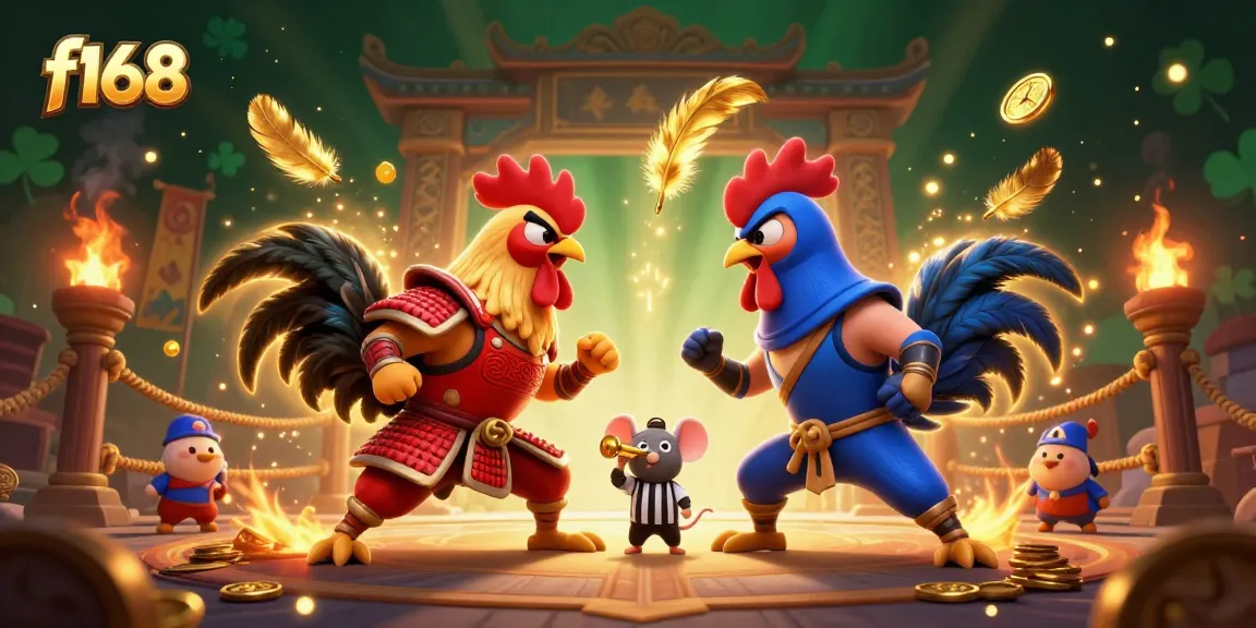 F168 showcases thrilling cockfighting battle with dynamic characters and golden elements.