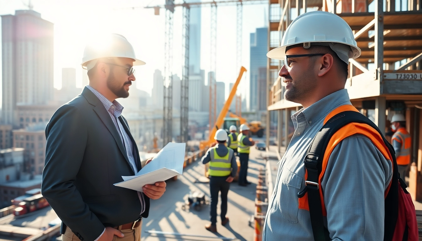 New York Construction Manager coordinating a busy construction site with blueprints and workers.