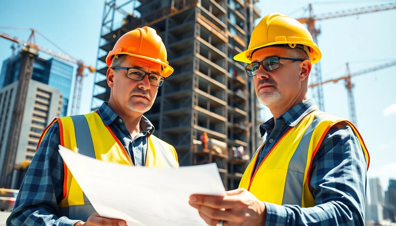 New York General Contractor supervising a vibrant construction site with detailed blueprints.