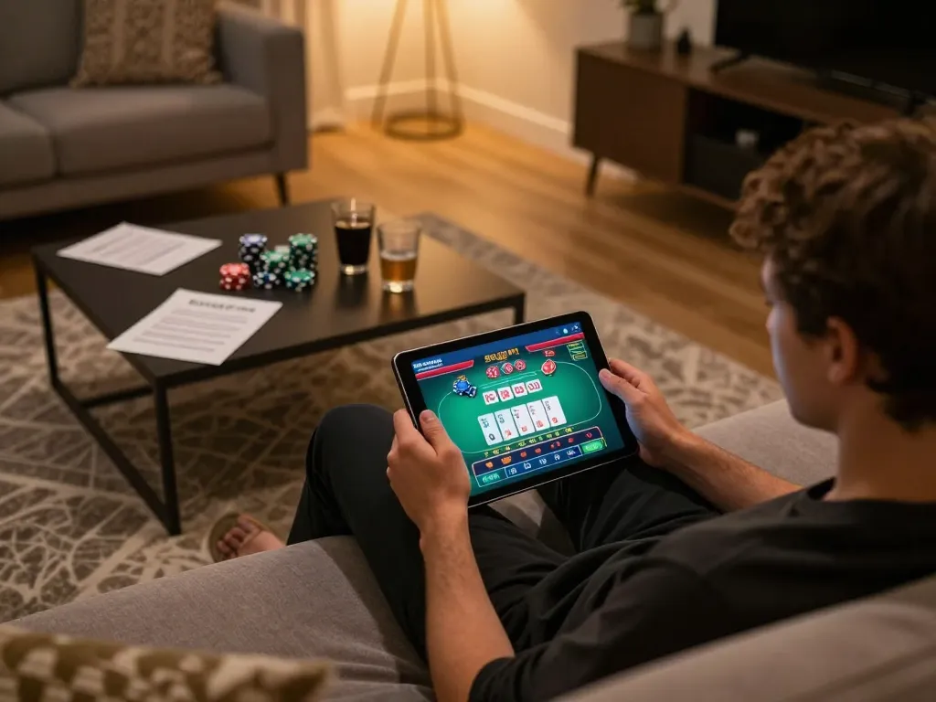 Engaged player at home using fly88 tablet for strategic online poker gameplay