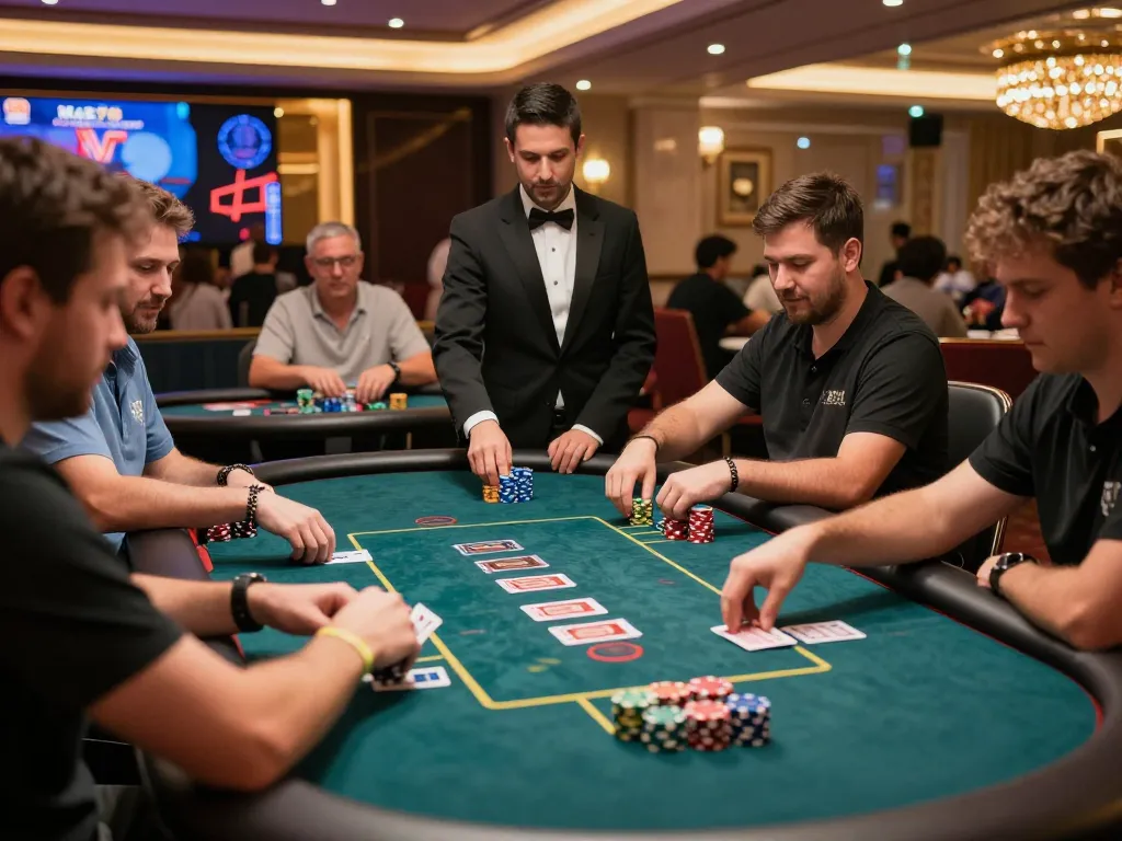 MAX79 players enjoying an exciting live poker game with chips and cards, vibrant atmosphere and professional dealers.