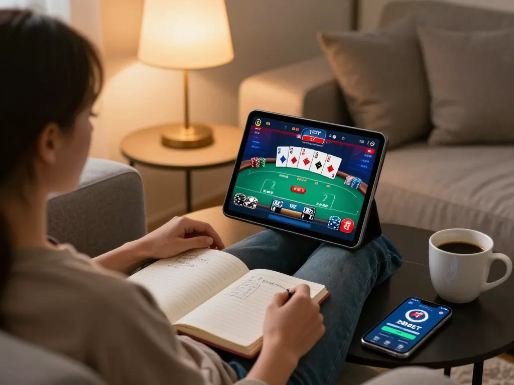 Player engaging in a high-stakes poker game on 28BET tablet, showcasing strategic gaming moments.