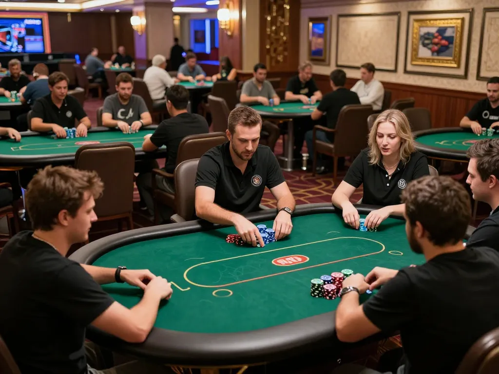 Main poker lapak303 scene showing players engaged in a high-stakes poker game, with chips stacked and dealer managing bets.