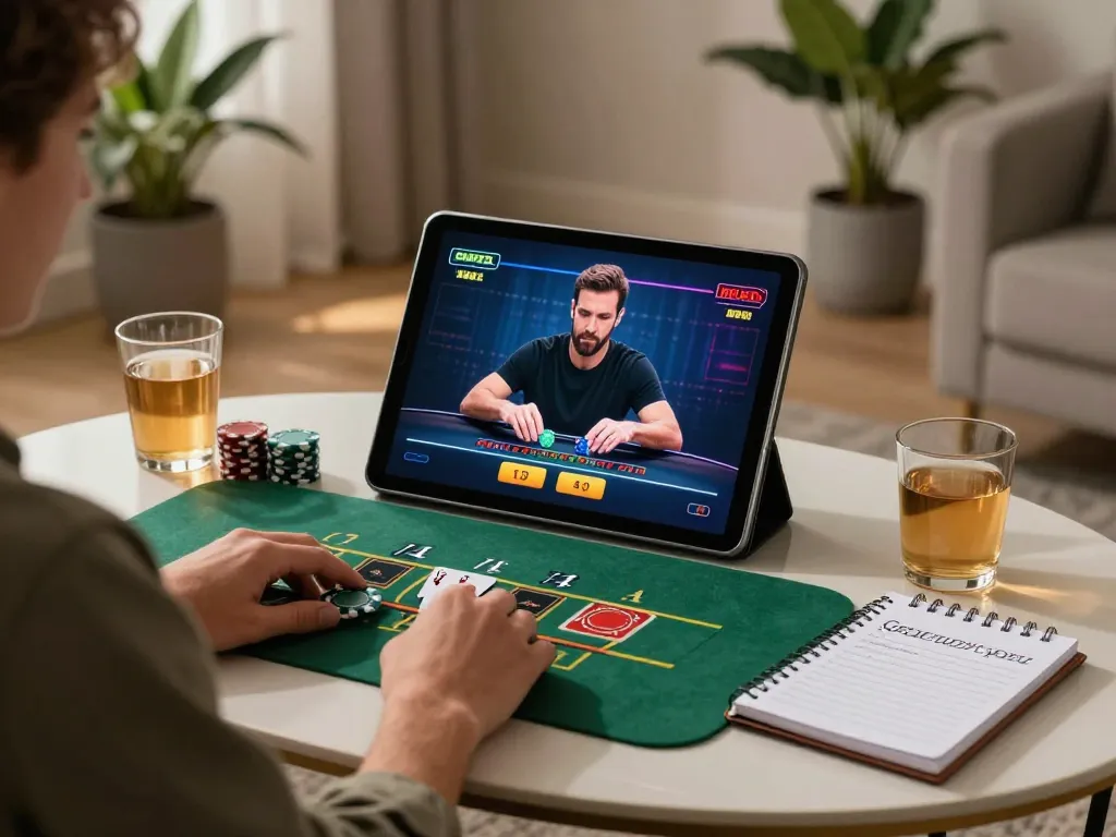 Player enjoying fun88 live dealer blackjack on a tablet, showcasing a modern gaming setup with strategic gameplay.