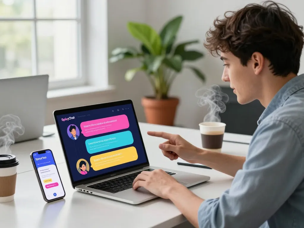 Young professional using SpicyChat AI interface on a laptop with colorful chat bubbles in a bright workspace.