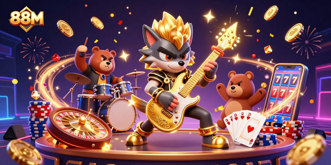 Experience the excitement of 88M as the rock star wolf shreds guitar amidst dazzling casino elements.