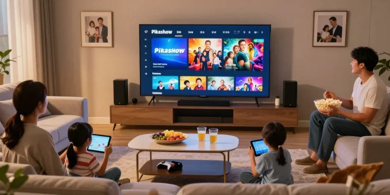 Family enjoying movies on Pikashow in a cozy living room environment.