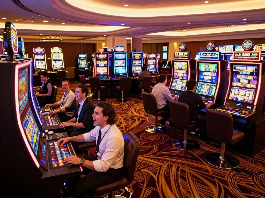 gk88 players celebrating a win at a vibrant slot machine in a luxurious casino atmosphere