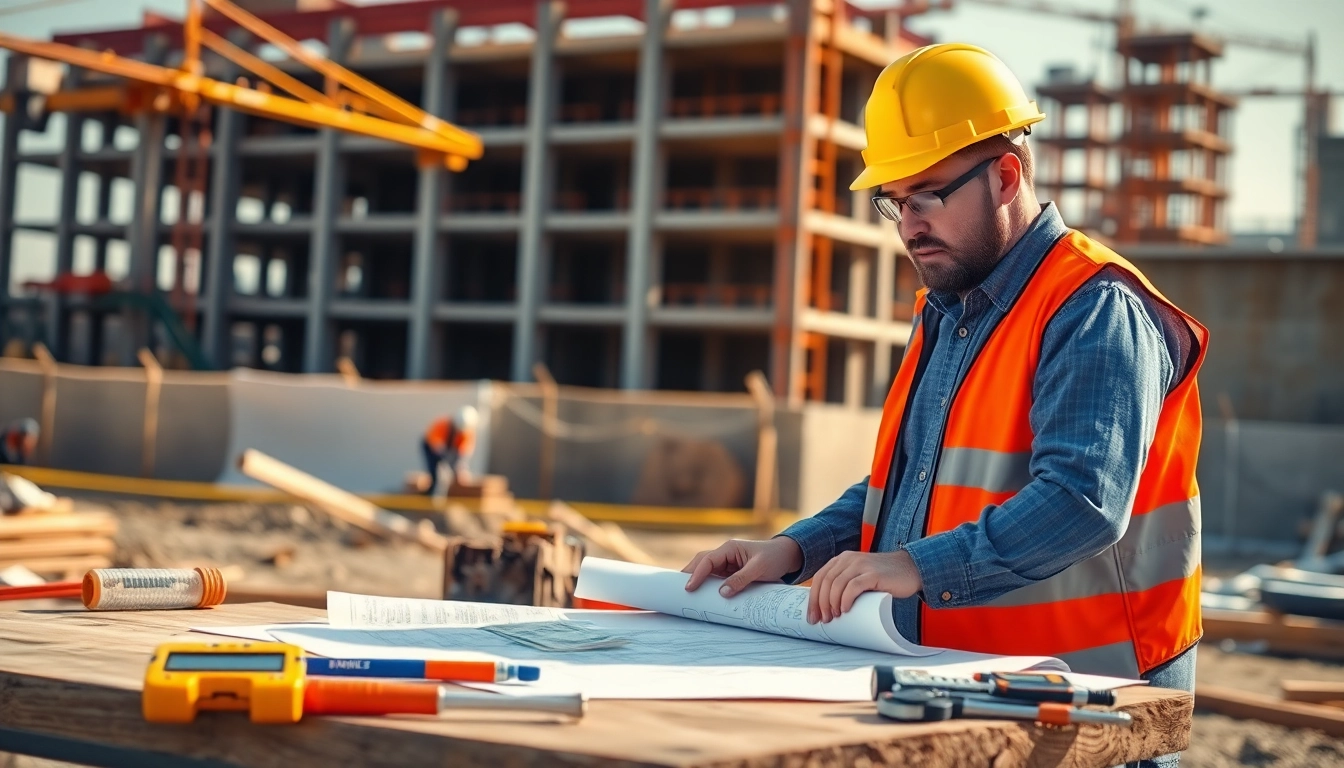 Professional New Jersey General Contractor reviewing blueprints at a construction site.
