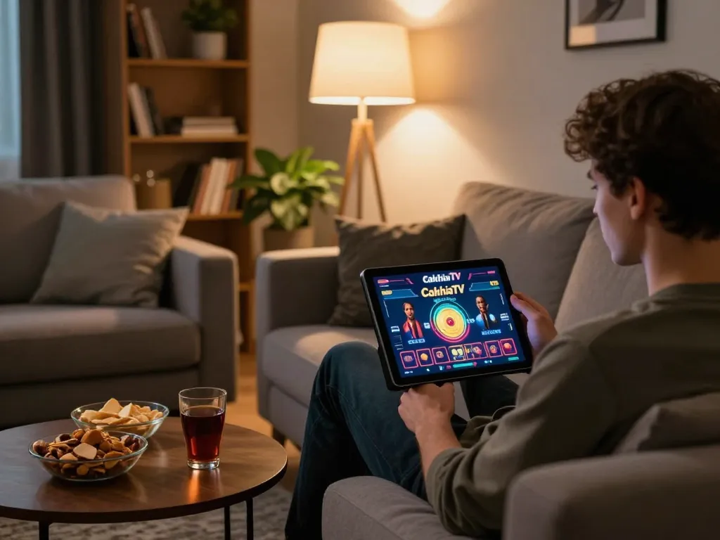 CakhiaTV user enjoying online casino gaming experience on tablet in a cozy home setting.