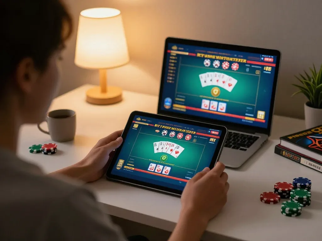 Engaged player strategizing for cm88 poker game on tablet, showcasing focus and modern lifestyle.