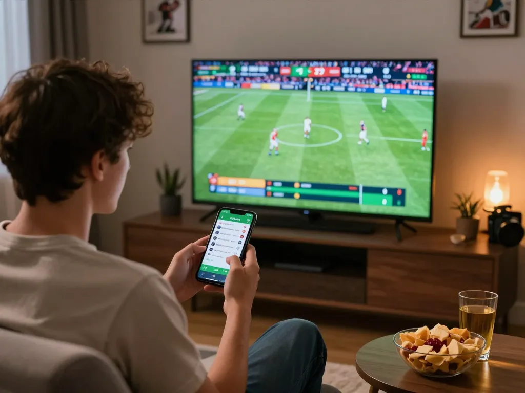 Engaged user placing bets on the FUN79 bet app while watching live sports at home.