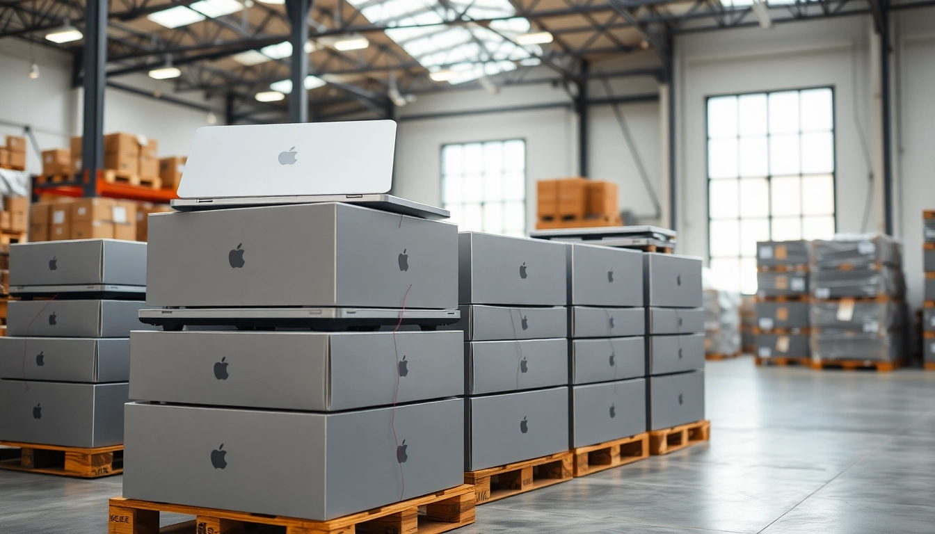 Showcase of MacBook Pro pallets for Sale in a modern warehouse environment.