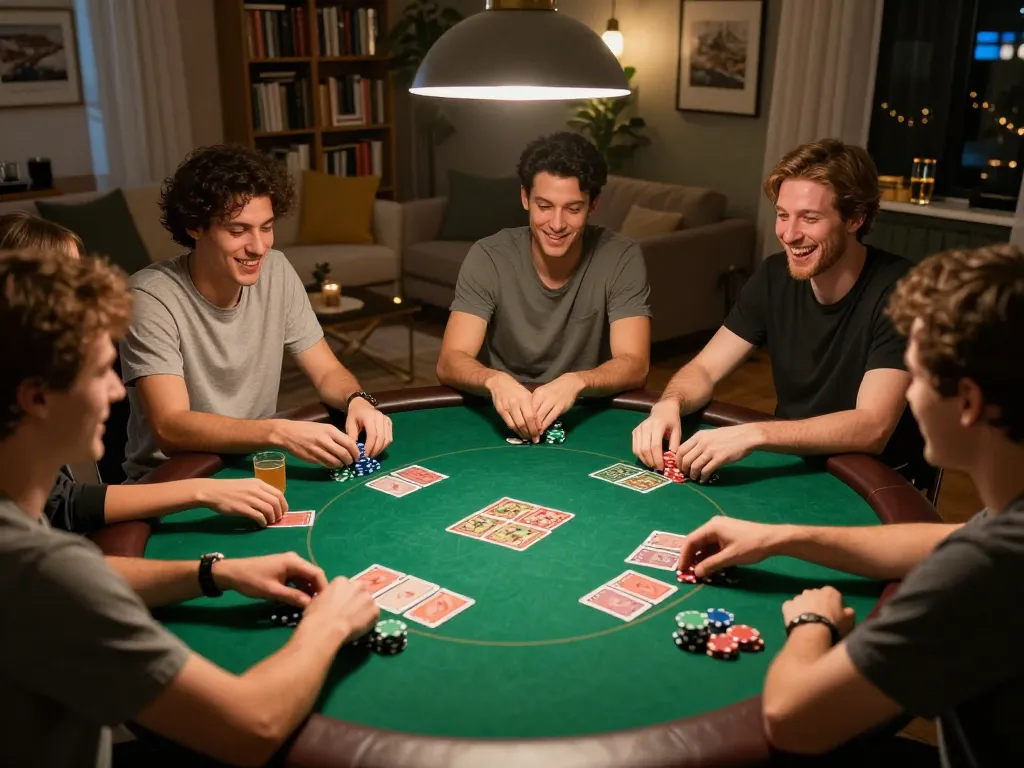 Friends enjoy a lively poker night at home, showcasing thrilling moments with 90phut strategies.