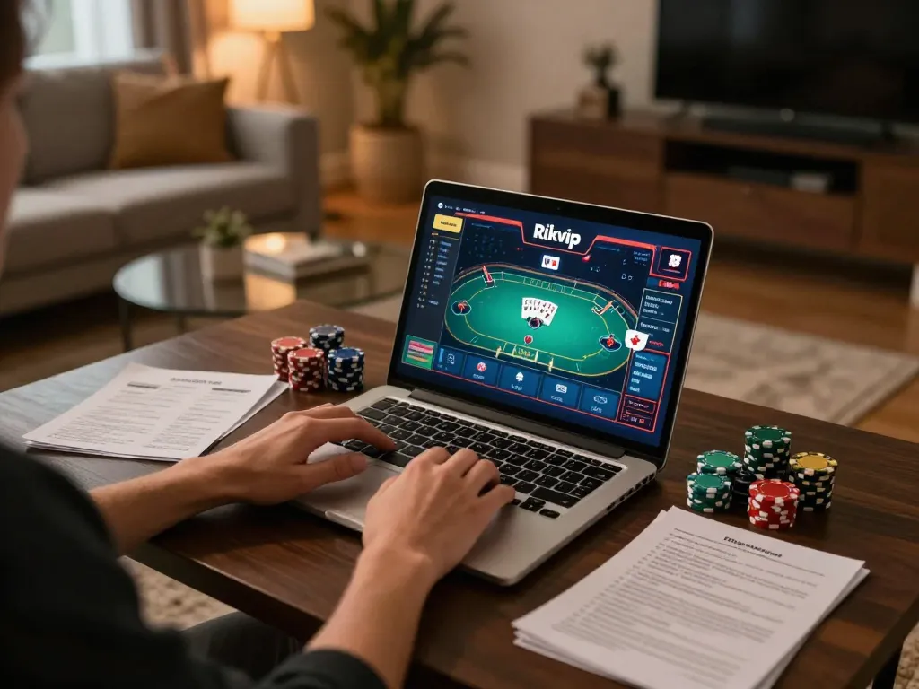 Engaging in an online Rikvip poker game with strategy notes and cozy ambiance