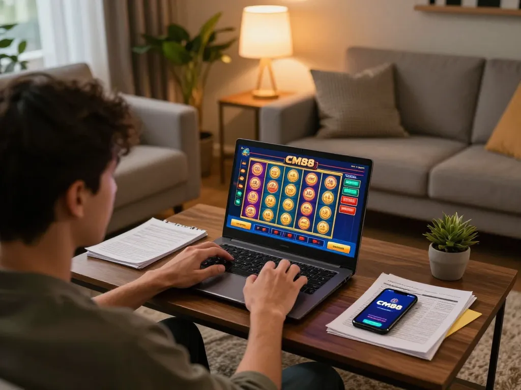 Engaged player enjoying cm88 online casino gaming at home, showcasing strategic gameplay.