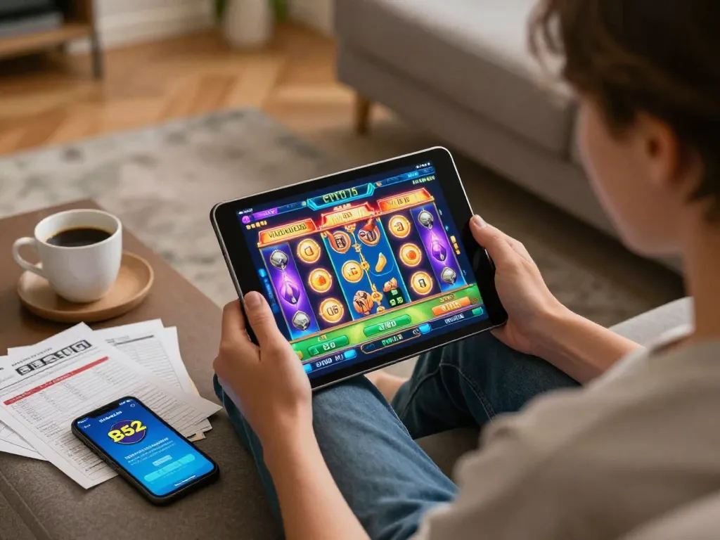 B52club mobile gaming experience on tablet with vibrant slot visuals, coffee, and strategy notes.