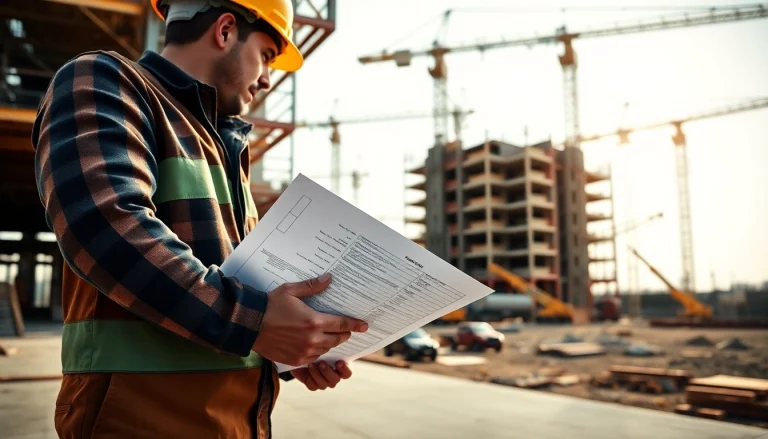 New Jersey General Contractor analyzing construction plans on-site with cranes in the background.