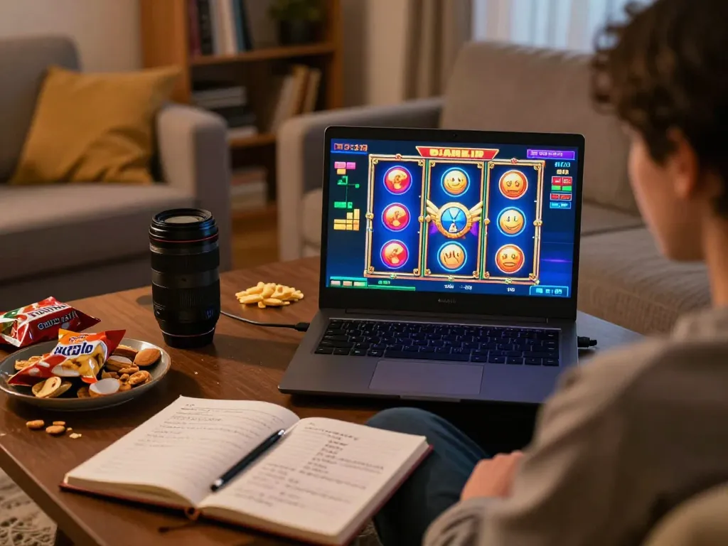 Player enjoying online slots on SC88VN while taking notes on gambling strategies.