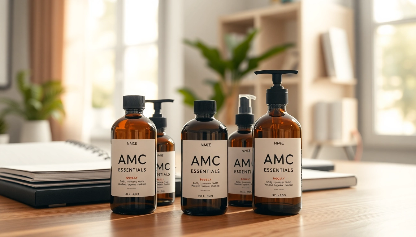 Showcasing AMC Essentials products elegantly arranged with warm lighting and natural elements.