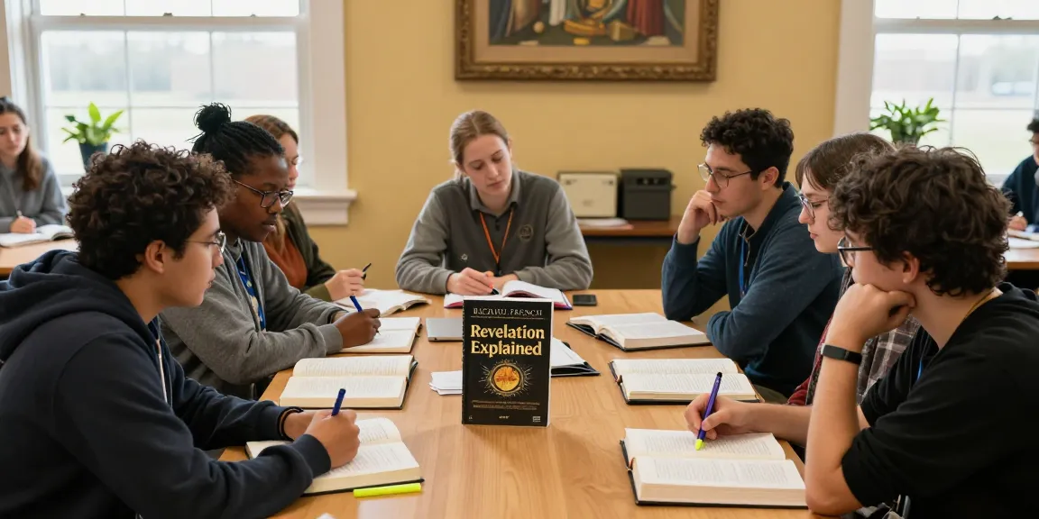 Group studying Richard French's book on Revelation in a warm, inviting classroom.