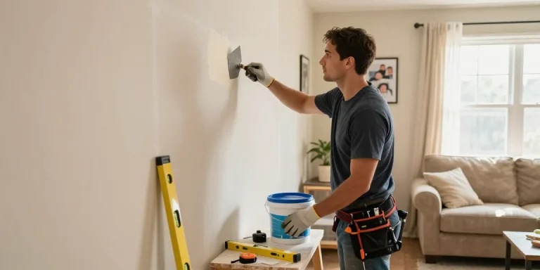 HubPro in Orange County handyman repairing drywall in a bright living room, showcasing professional home improvement.