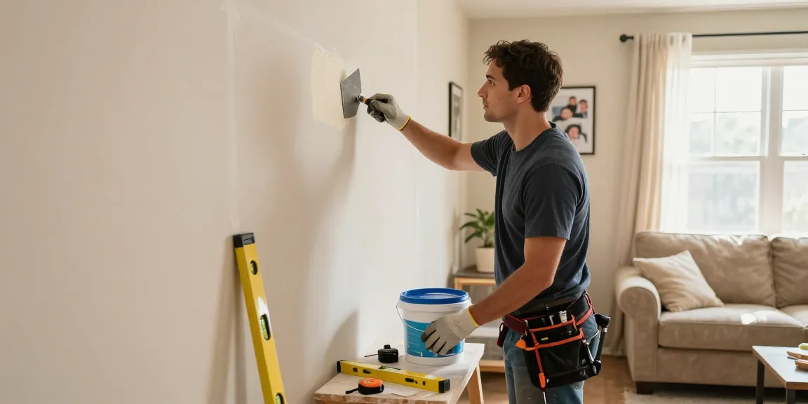 HubPro in Orange County handyman repairing drywall in a bright living room, showcasing professional home improvement.