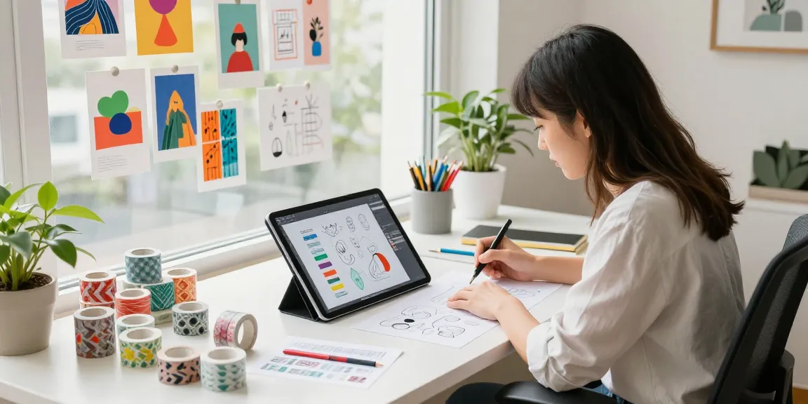 Designer creating custom washi tape designs with colorful patterns in a bright workspace