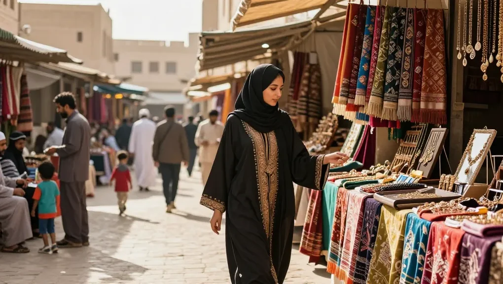 Elegant woman in abaya exploring vibrant market stalls filled with colorful fabrics and jewelry.