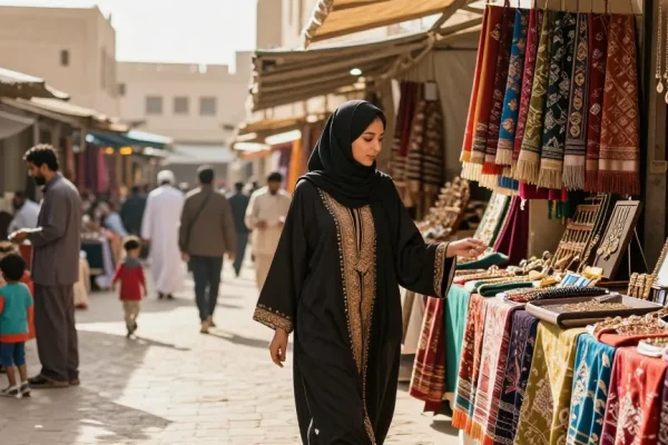 Elegant woman in abaya exploring vibrant market stalls filled with colorful fabrics and jewelry.