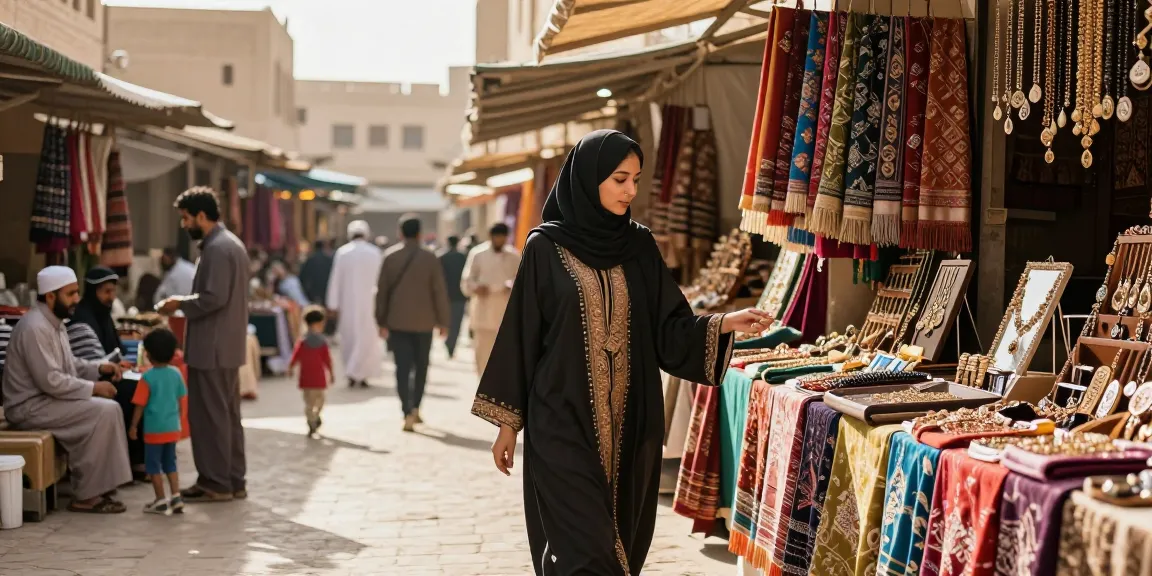 Elegant woman in abaya exploring vibrant market stalls filled with colorful fabrics and jewelry.