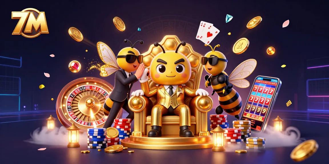 Experience thrilling gambling action with 7M's dynamic casino scene featuring buzzing characters and rich game elements.