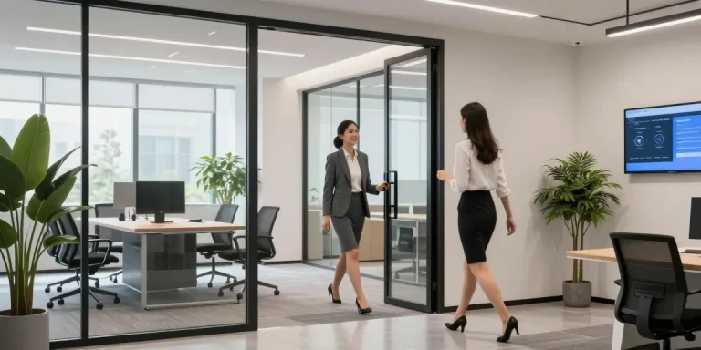 Stylish single leaf swing door in a modern office setting with a professional woman entering, emphasizing contemporary design.