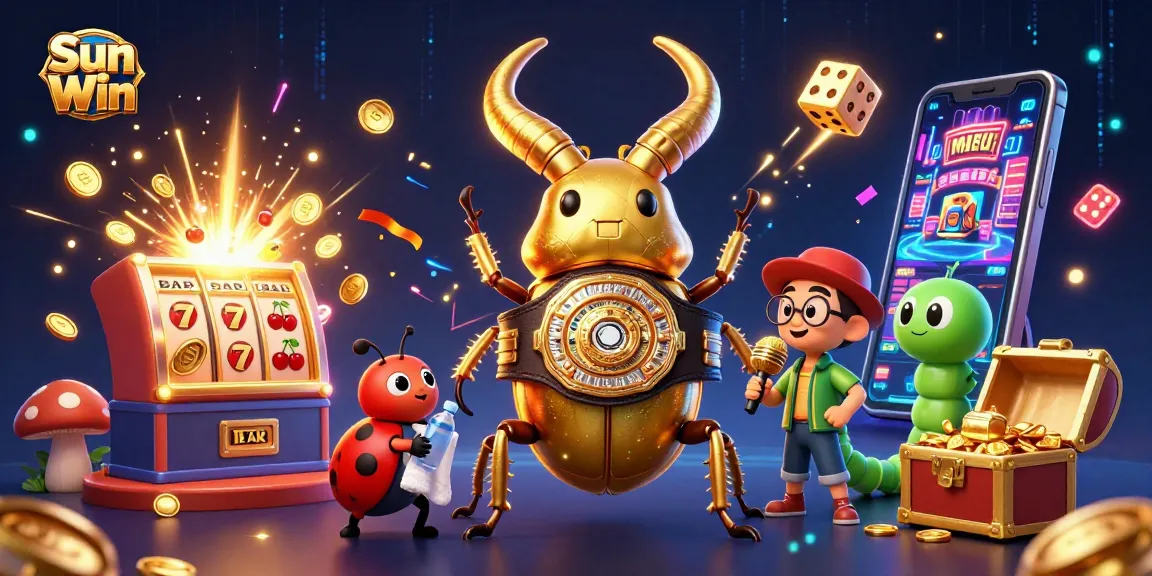 Experience the excitement of Sun Win with a dynamic 3D casino illustration featuring iconic symbols and characters.