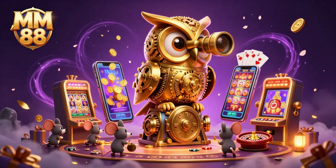 Engage with MM 88's vibrant casino world, featuring clockwork owl and animated gaming elements.